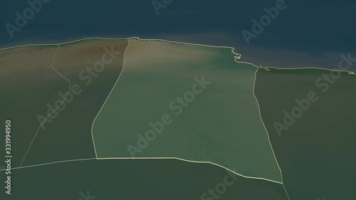 Darnah, district with its capital, zoomed and extruded on the relief map of Libya in the conformal Stereographic projection. Animation 3D photo