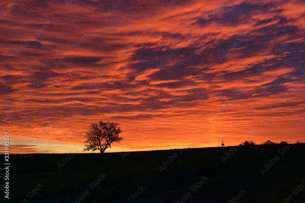 Fototapeta premium Sunrise over the field and mountains