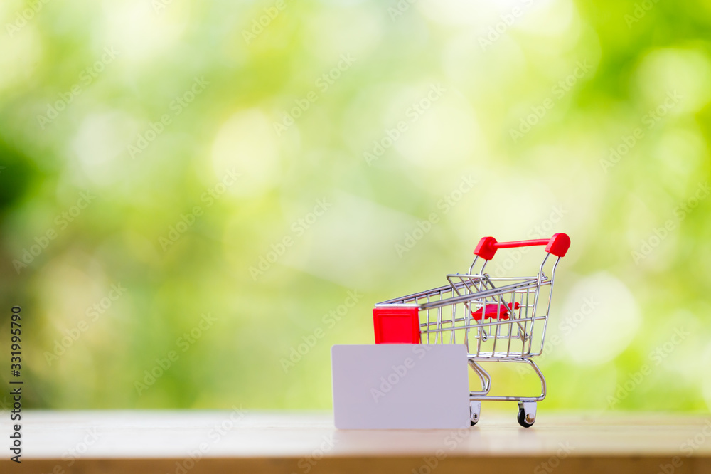 model shopping cart with credit card on table and blur green tree background. model shopping cart with credit card on table and blur green tree background.