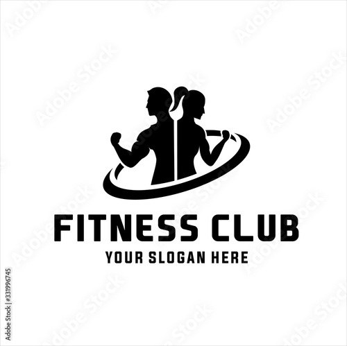 Fitness Center logo. Sport and fitness logo Design . Gym Logo Icon Design Vector Stock, or emblem with woman and man silhouettes. Woman and Man holds dumbbells. Isolated on white background