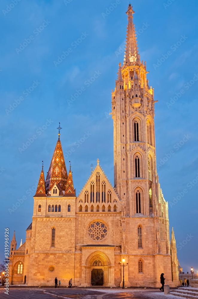 The famous Matthias church in fisherman's bastion in Budapest Hungary at night