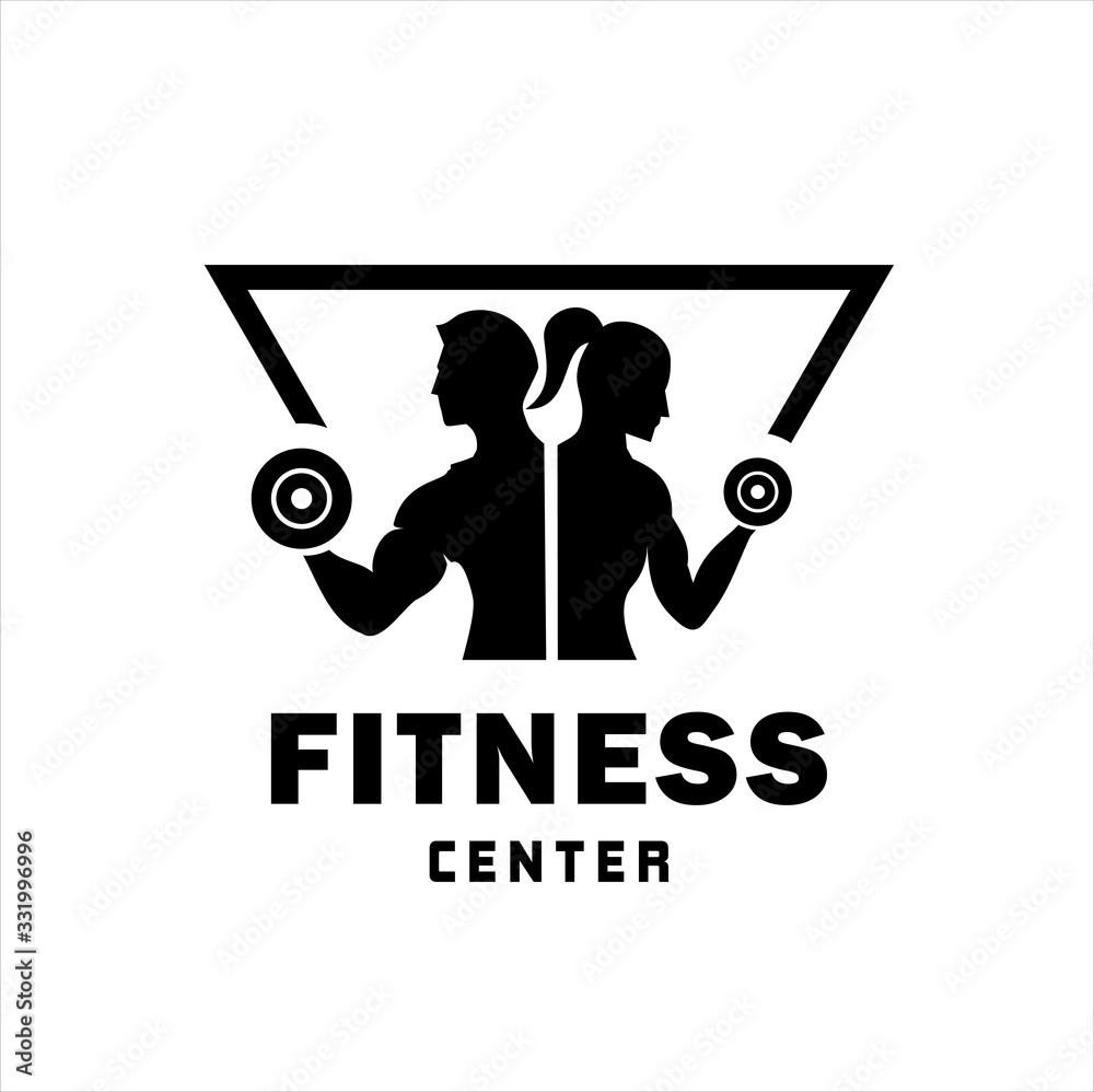 Vektorová grafika „Fitness Center logo. Sport and fitness logo Design . Gym  Logo Icon Design Vector Stock, or emblem with woman and man silhouettes.  Woman and Man holds dumbbells. Isolated on white