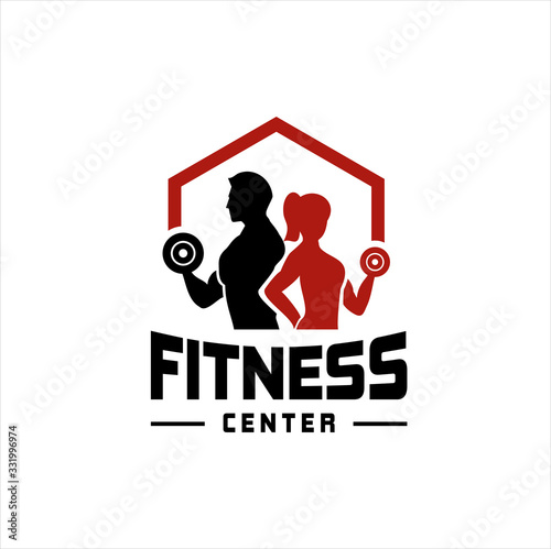 Fitness Center logo. Sport and fitness logo Design . Gym Logo Icon Design Vector Stock, or emblem with woman and man silhouettes. Woman and Man holds dumbbells. Isolated on white background