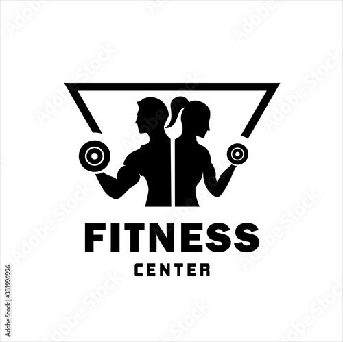 Stockvektorbilden Fitness Center logo. Sport and fitness logo Design . Gym  Logo Icon Design Vector Stock, or emblem with woman and man silhouettes.  Woman and Man holds dumbbells. Isolated on white background