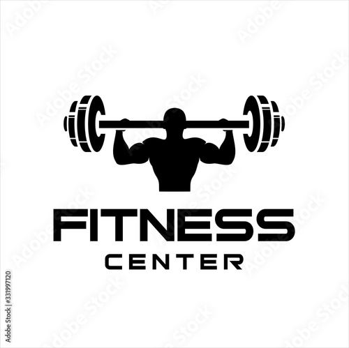 Fitness Center logo. Sport and fitness logo Design . Gym Logo Icon Design Vector Stock, or emblem with woman and man silhouettes. Woman and Man holds dumbbells. Isolated on white background