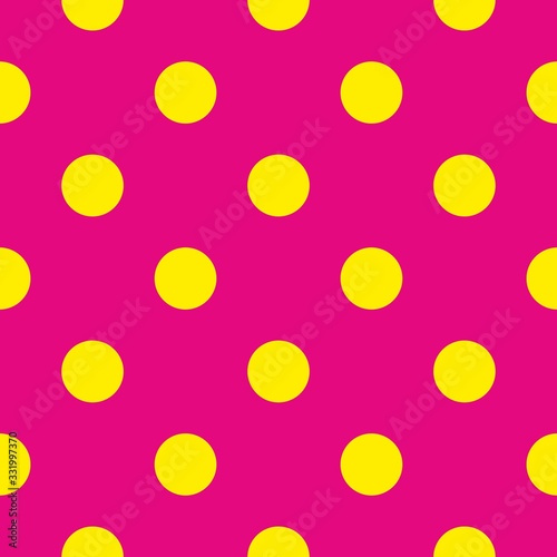 Seamless vector pattern or texture with yellow polka dots on neon pink background. For cards, invitations, websites, desktop, baby shower card background, party, web design, arts and scrapbooks.
