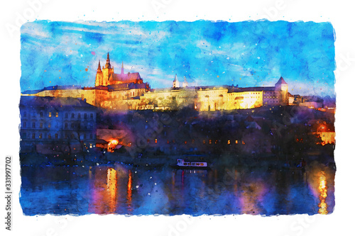 watercolor style and abstract illustration of Prague at night. Cathedral and palace view