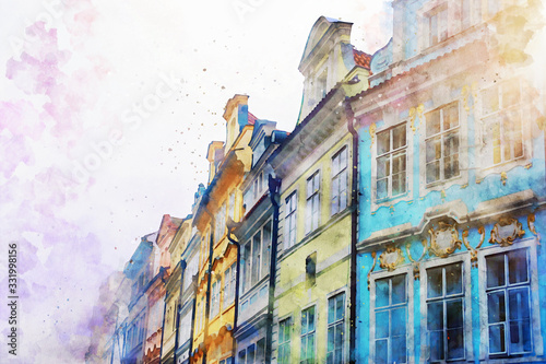 Photography watercolor style and abstract illustration of Prague with old beautiful houses