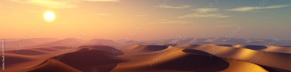 Sand desert at sunset, panorama of desert dunes under the sun, 3D rendering