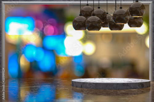 3D Rendering,Empty marble table for display of products in front of restaurant , night bar or night club abstract blur background,empty copy space for party, promotion social media banners, posters