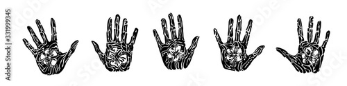 Endangered ancient handprint with flower set. Hand drawn human palm prints graphic vector illustration, black isolated on white background painted by ink