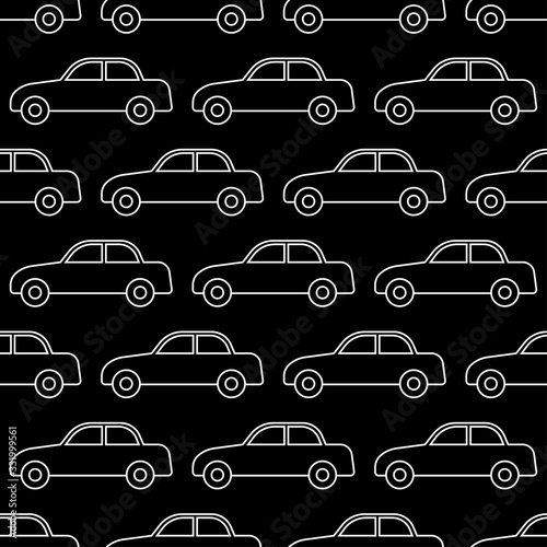 White contour cars isolated on black background. Baby seamless pattern. Side view. Vector graphic illustration. Texture.