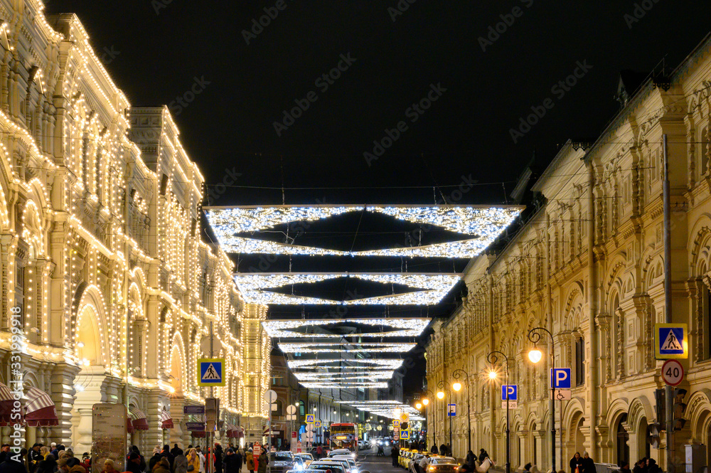 New Year and Christmas decorations on Ilyinka street, Moscow, Russian Federation, January 10, 2020