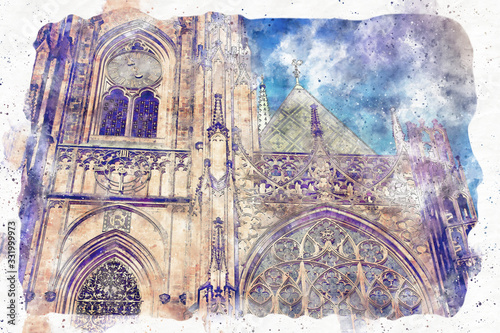 Photography watercolor style and abstract illustration of ancient gothic cathedral