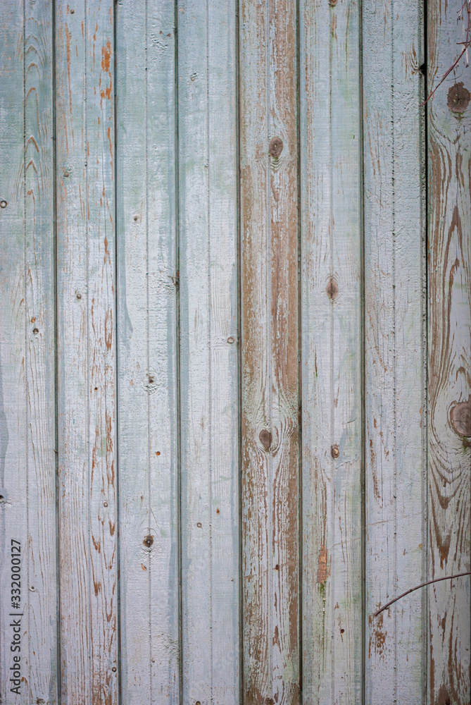 Fototapeta premium old fence made of wooden planks, in the style of rustic, grunge, old fashion, worn gray-blue color
