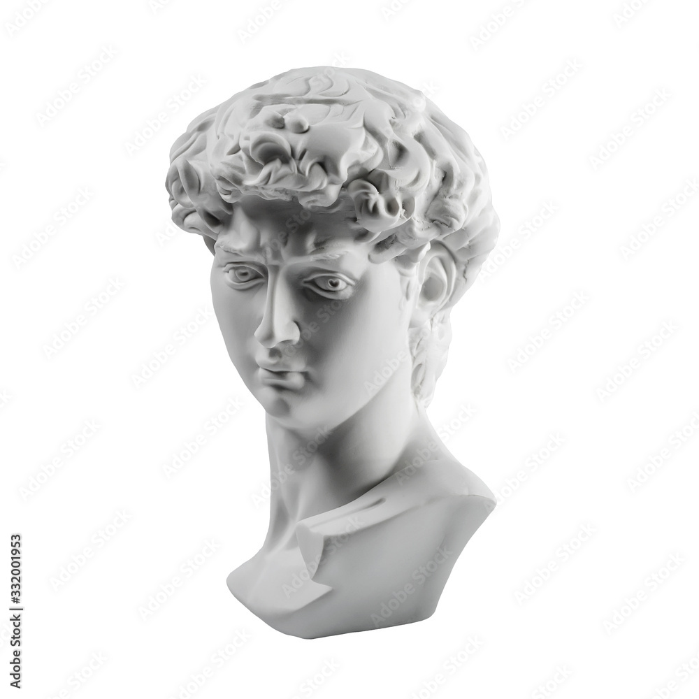 Gypsum statue of David's head. Michelangelo's David statue plaster copy isolated on white background. Ancient greek sculpture, statue of hero Gypsum statue of David's head. Michelangelo's David statue plaster copy isolated on white background. Ancient greek sculpture, statue of hero