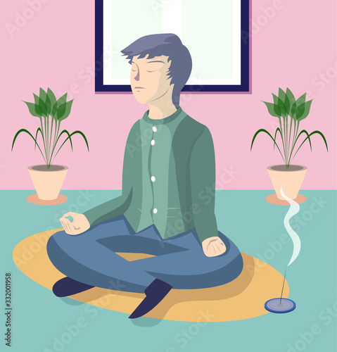 Flat vector illustration with young man meditating alone at home, peaceful calm guy practicing yoga in lotus pose indoors, holding hands in mudra. Mental health, calmness, relax lifestyle concept. 