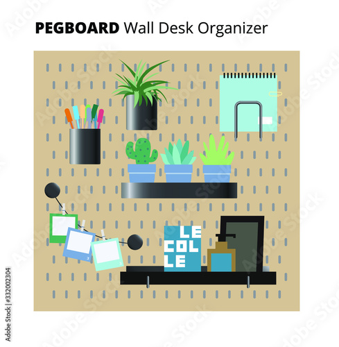 Organization peg board system. Pegboard organizer home office. Vector illustration.