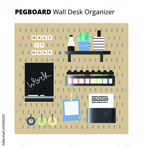 Organization peg board system. Pegboard organizer home office. Vector illustration.