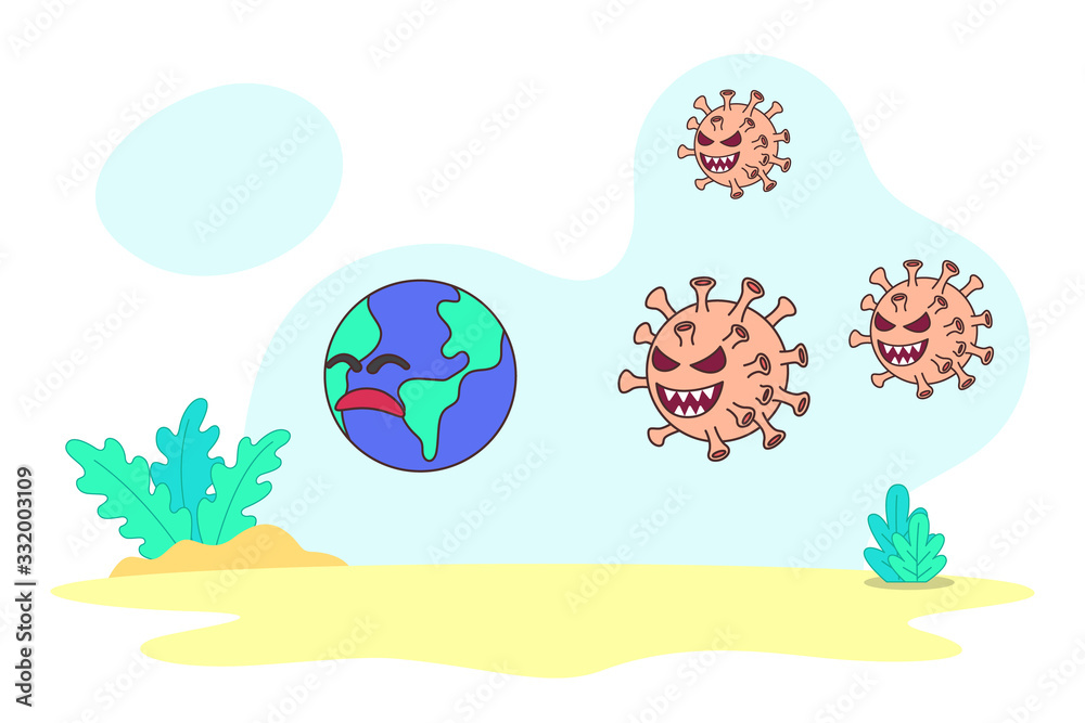 Vector illustration Corona virus attacks the earth. Concept of fighting against coronavirus. Corona virus is chasing earth a metaphor for epidemic corona virus in the world. Vector illustration Corona virus attacks the earth. Concept of fighting against coronavirus. Corona virus is chasing earth a metaphor for epidemic corona virus in the world.