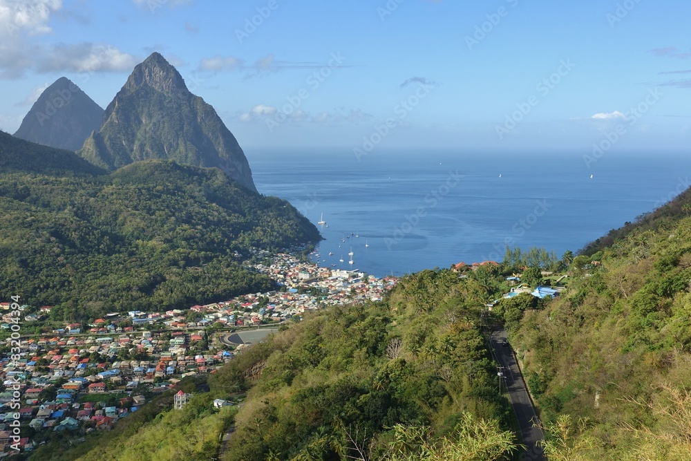 A view across the town of Soufriere towards the Pitons and the Caribbean Sea in St Lucia