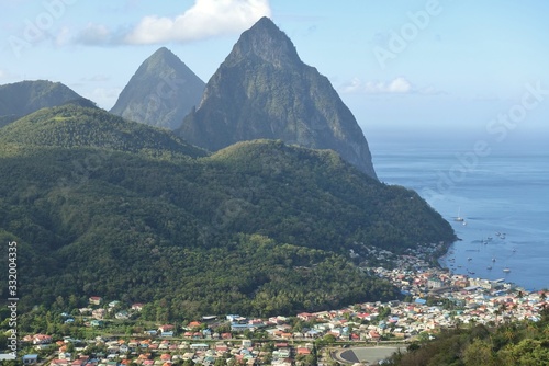 A view across the town of Soufriere towards the Pitons and the Caribbean Sea in St Lucia