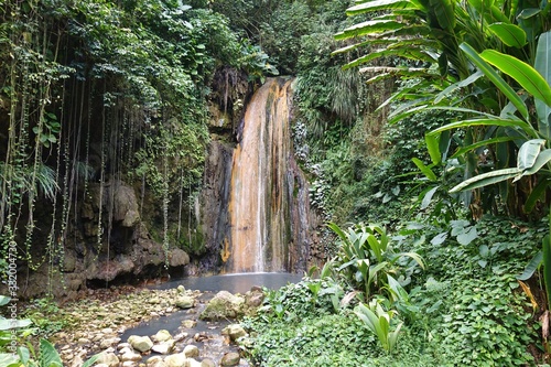 View of the Diamond Waterfall in the Diamond Botanical Gardens in St Lucia