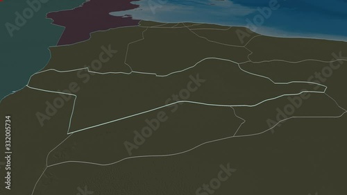 Wadi ash Shati', district with its capital, zoomed and extruded on the administrative map of Libya in the conformal Stereographic projection. Animation 3D photo