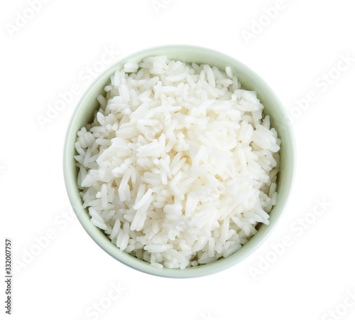 Bowl with cooked rice isolated on white, top view