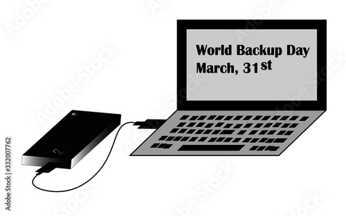 World Backup Day greeting card. Laptop and external hard disk drive are connected via USB.