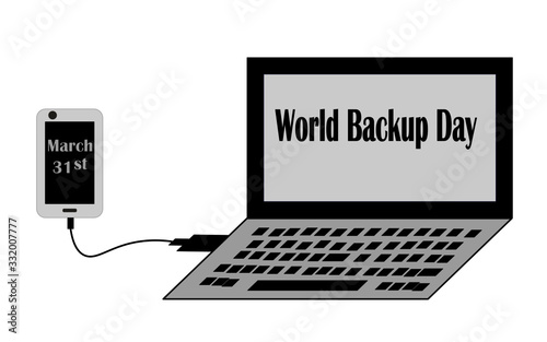 World Backup Day greeting card. Laptop and smartphone are connected via USB for making backup.
