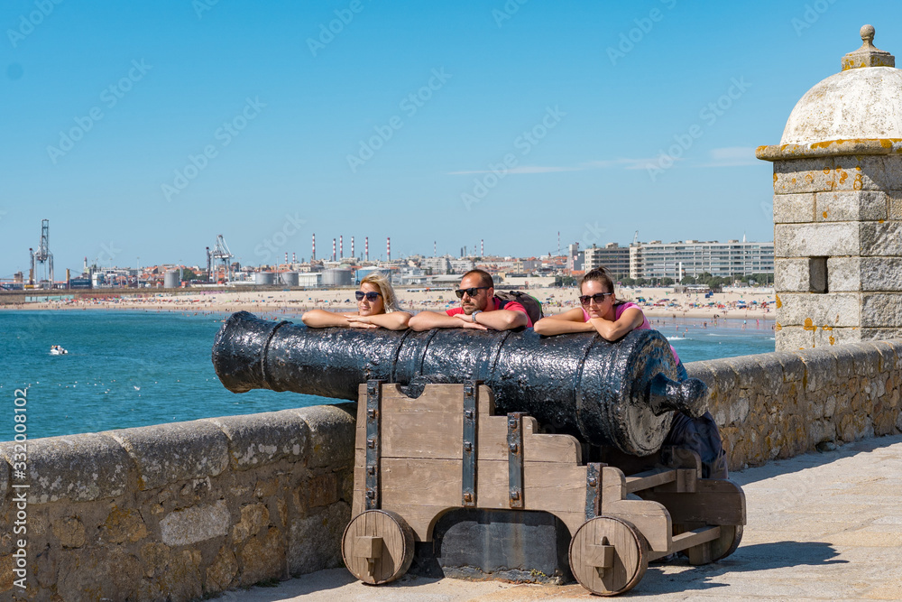 Tourists visiting the historical Fort of Sao Francisco do Queijo built on the 6th century at Porto city in Portugal