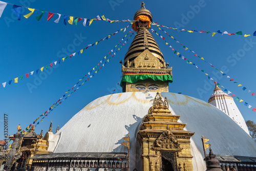 Magnificent view of Swayambhunath aka Swayambhu during sunny day in Kathmandu Valley Nepal