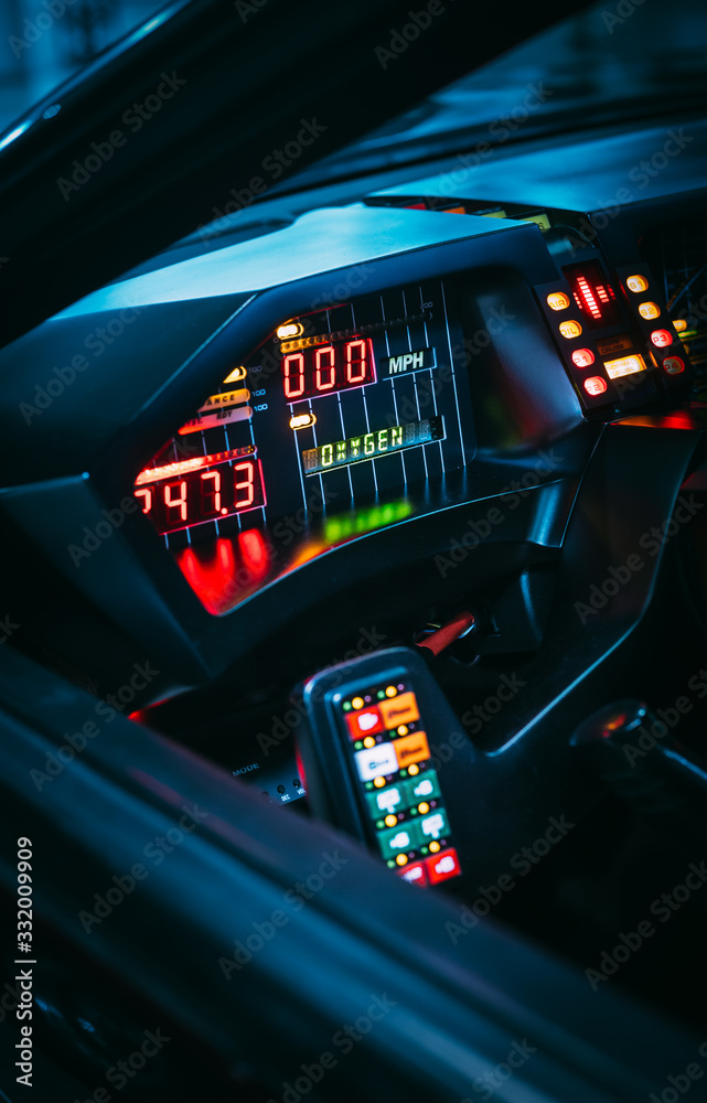 Retro futuristic design concept from 80s of future car interior Stock