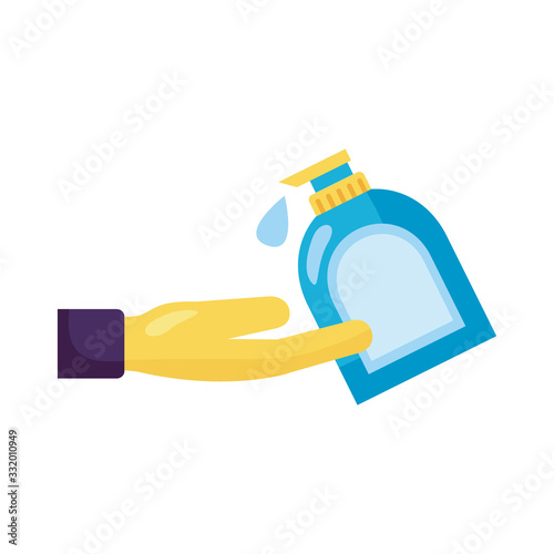 hand using disinfectant bottle with push dispenser detaild style