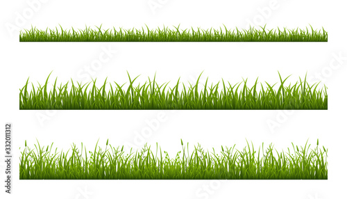 Realistic green grass lawn, border or meadow vector illustration set. Horizontal seamless background