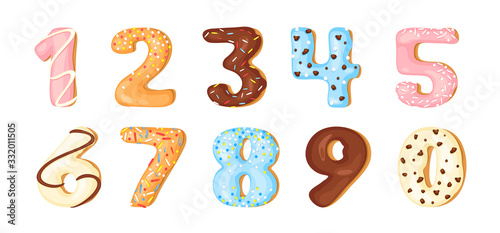 Numbers cartoon color set from sweet decorated products vector illustration