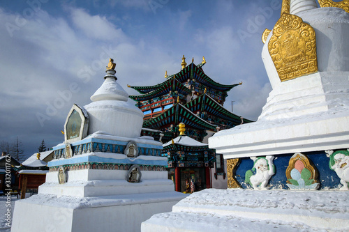 Photography Scenic architecture of temple of Ivolginsky datsan, Buryatia, Russia
