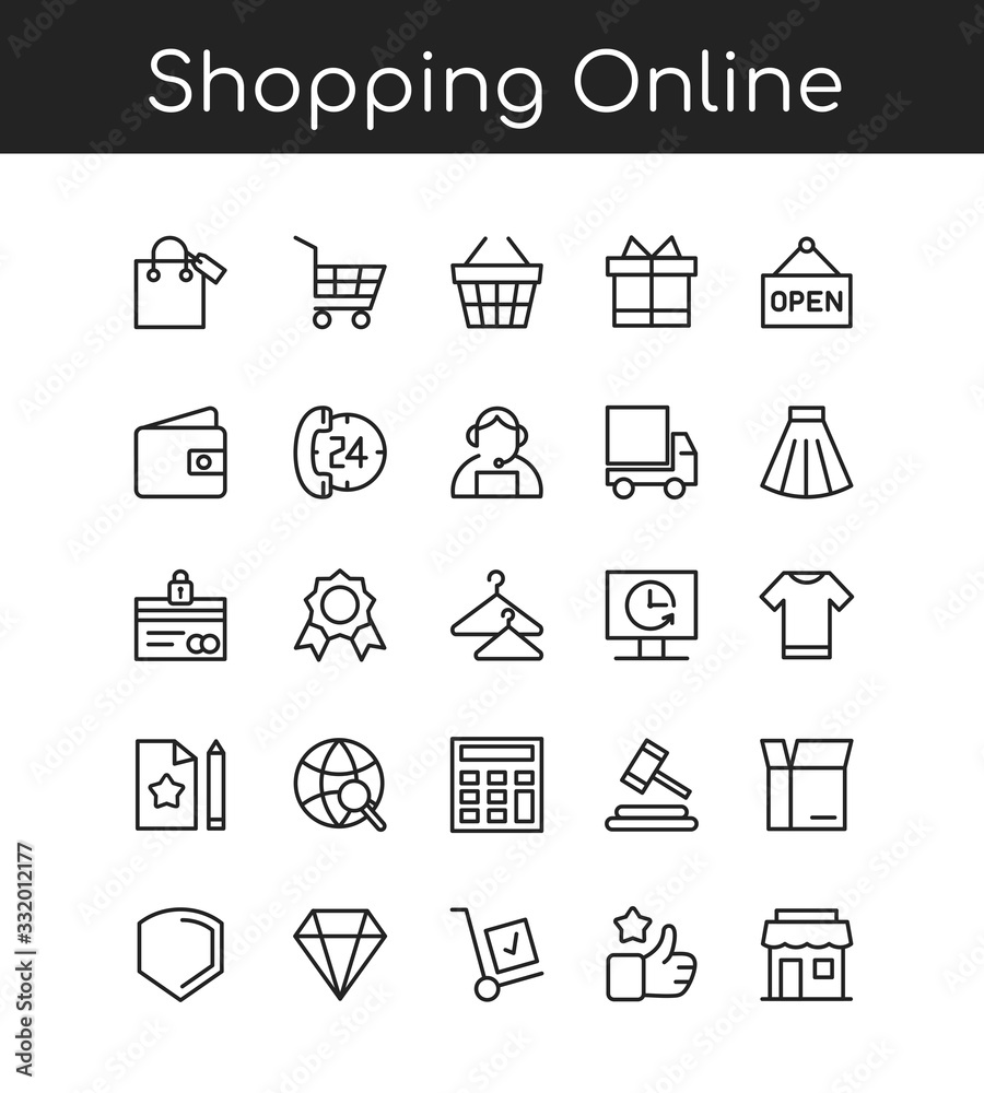 Fototapeta premium Shopping icons line outline vector illustration set with title for shopping online