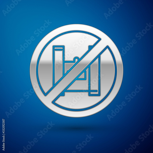 Silver Say no to plastic bags poster icon isolated on blue background. Disposable cellophane and polythene package prohibition sign. Vector Illustration
