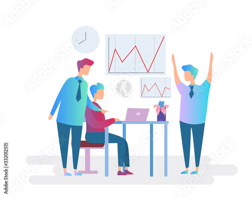 Teamwork business character concept flat design vector illustration. Group of people work in office