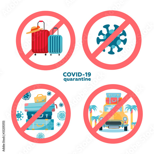 Set of Coronavirus travel and vacation cancellations concept. Novel corona virus disease COVID-19, 2019-nCoV, MERS-Cov. Car trip, stack of travel bags, suitcases. Prohibition Crossed Sign. Flat vector