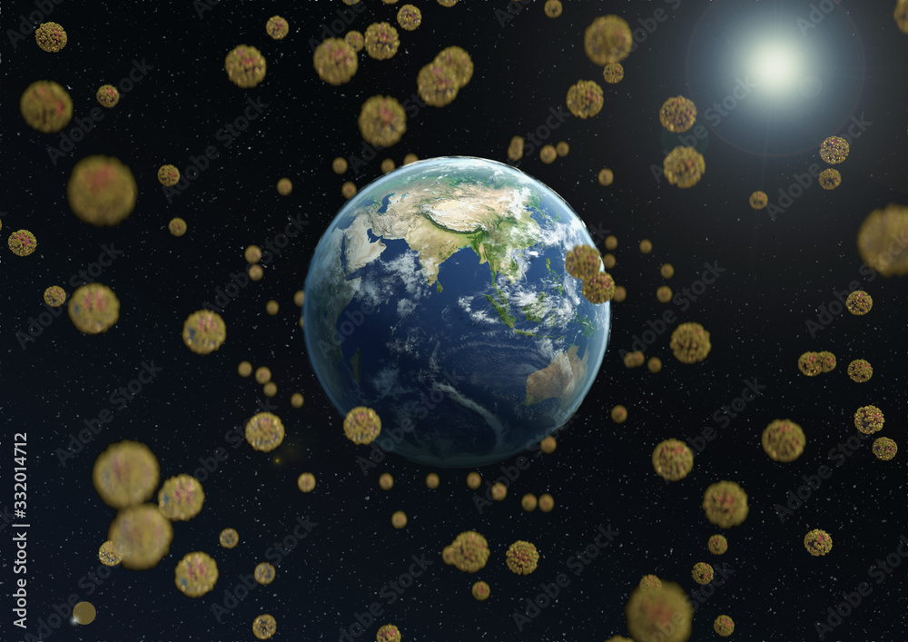 Coronavirus takes earth population under control. View from cosmos on earth attacked by coronavirus. Coronavirus COVID-19 outbreak. 3d illustration Coronavirus takes earth population under control. View from cosmos on earth attacked by coronavirus. Coronavirus COVID-19 outbreak. 3d illustration