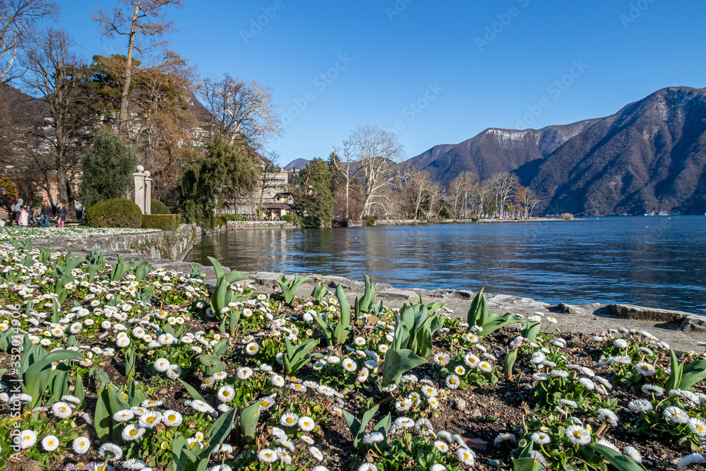 LUGANO, SWITZERLAND - MARCH 7, 2020: Parco Ciani, a destination for many tourists who come there to admire what is considered one of the most beautiful swiss parks.