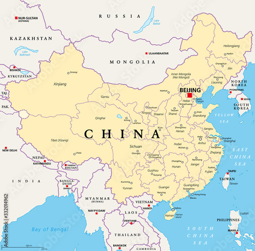China  political map  with administrative divisions. PRC  People s Republic of China  capital Beijing  provinces with capitals  borders and neighbor countries. English labeling. Illustration. Vector.