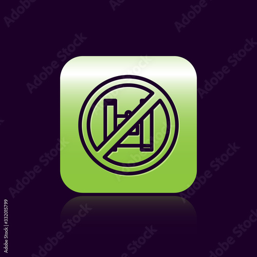 Black line Say no to plastic bags poster icon isolated on black background. Disposable cellophane and polythene package prohibition sign. Green square button. Vector Illustration