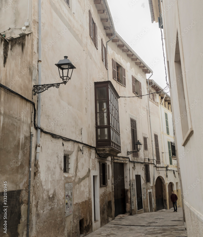 Mallorca, Spain, January 25th 2020: A typical old street of the historic city center of Palma de Mallorca