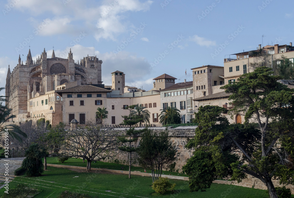 Mallorca, Spain, January 25th 2020: The Cathedral and sa murada of Palma de Mallorca