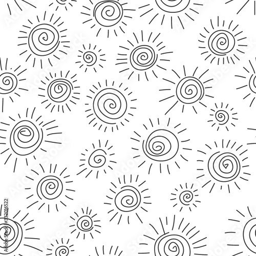 Doodle pattern with spiral sun. Simple scribbles seamless pattern. Vector