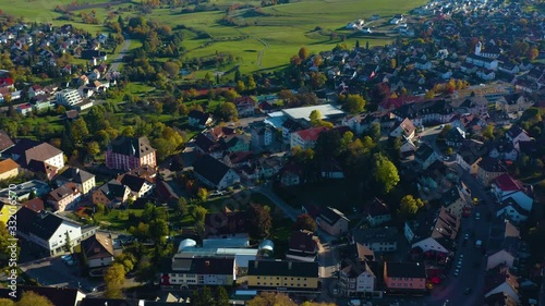 Aerial view of the City Bondorf in Germany. On a sunny day in Autumn, fall. Pan to the right beside the city. photo